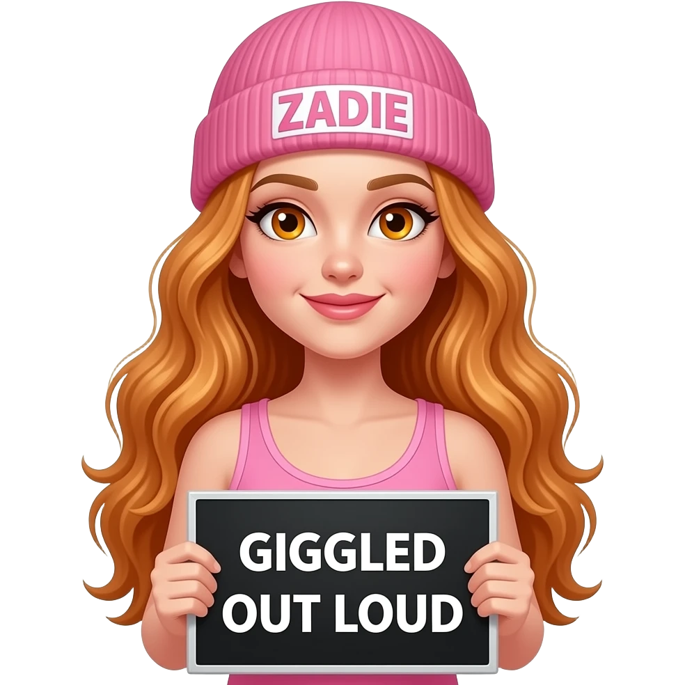sexy girl with overlong wavy ginger hair and ginger eyes wearing a pink tanktop and a pink beanie with ZADIE written on it, is holding a black sign with GIGGLED OUT LOUD written on it emoji