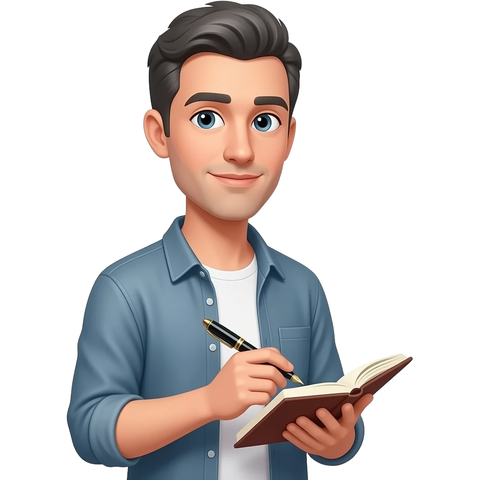 a tall skinny man with dark grey hair wearing casual outfit, writing poetry emoji