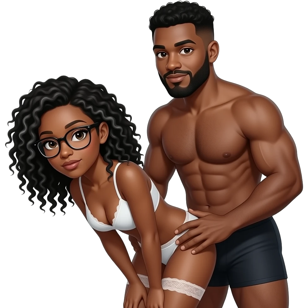 Black woman, with black locs (with some grey) and glasses; bent over with a large (chubby) black man with a low curly haircut and beard with some grey; standing behind her holding her hips. Both are topless. He is wearing boxers briefs and her, panties. emoji