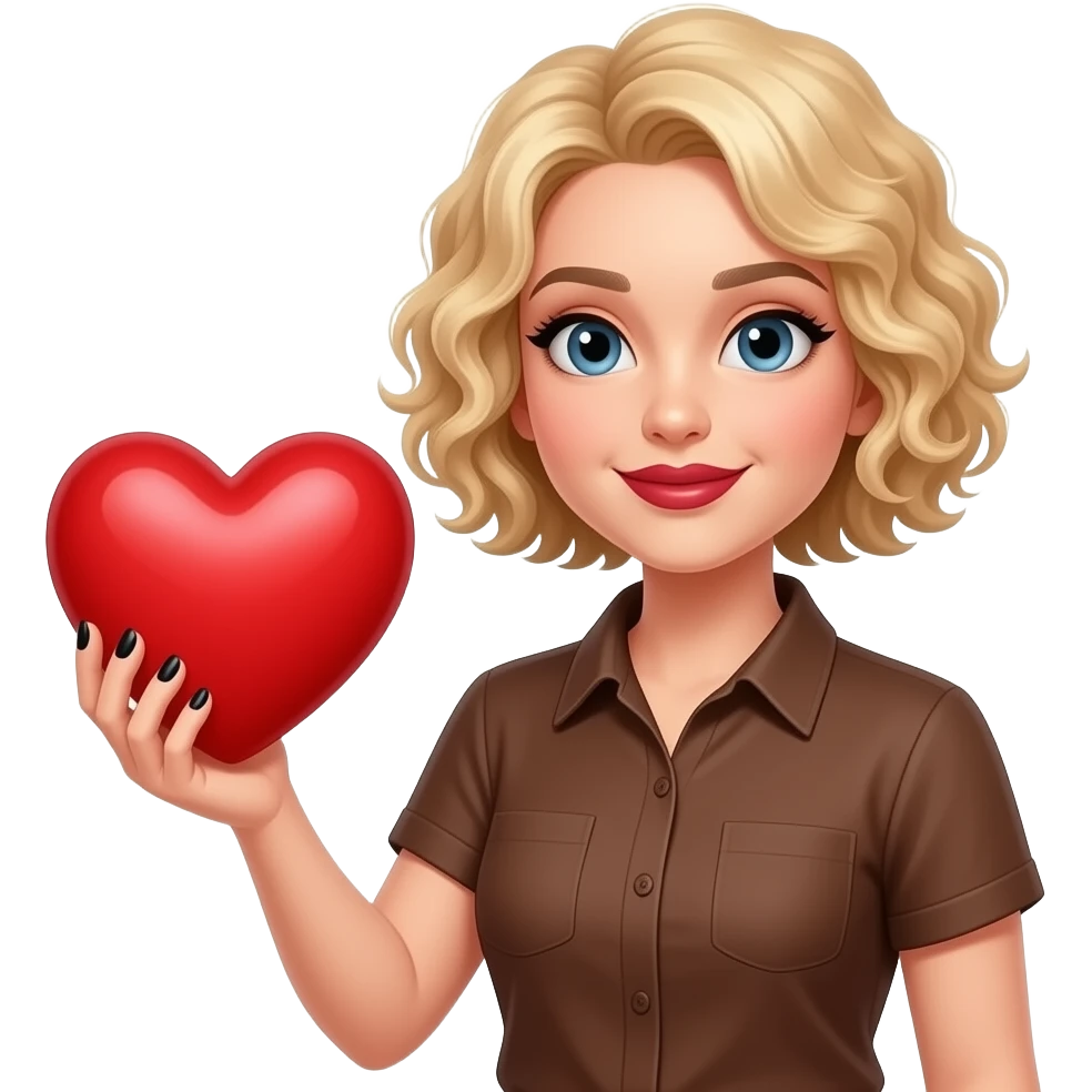 Short blond hair in curls holding a big red heart in with black nail polish and dark red lipstick, in a brown short sleeve shirt emoji