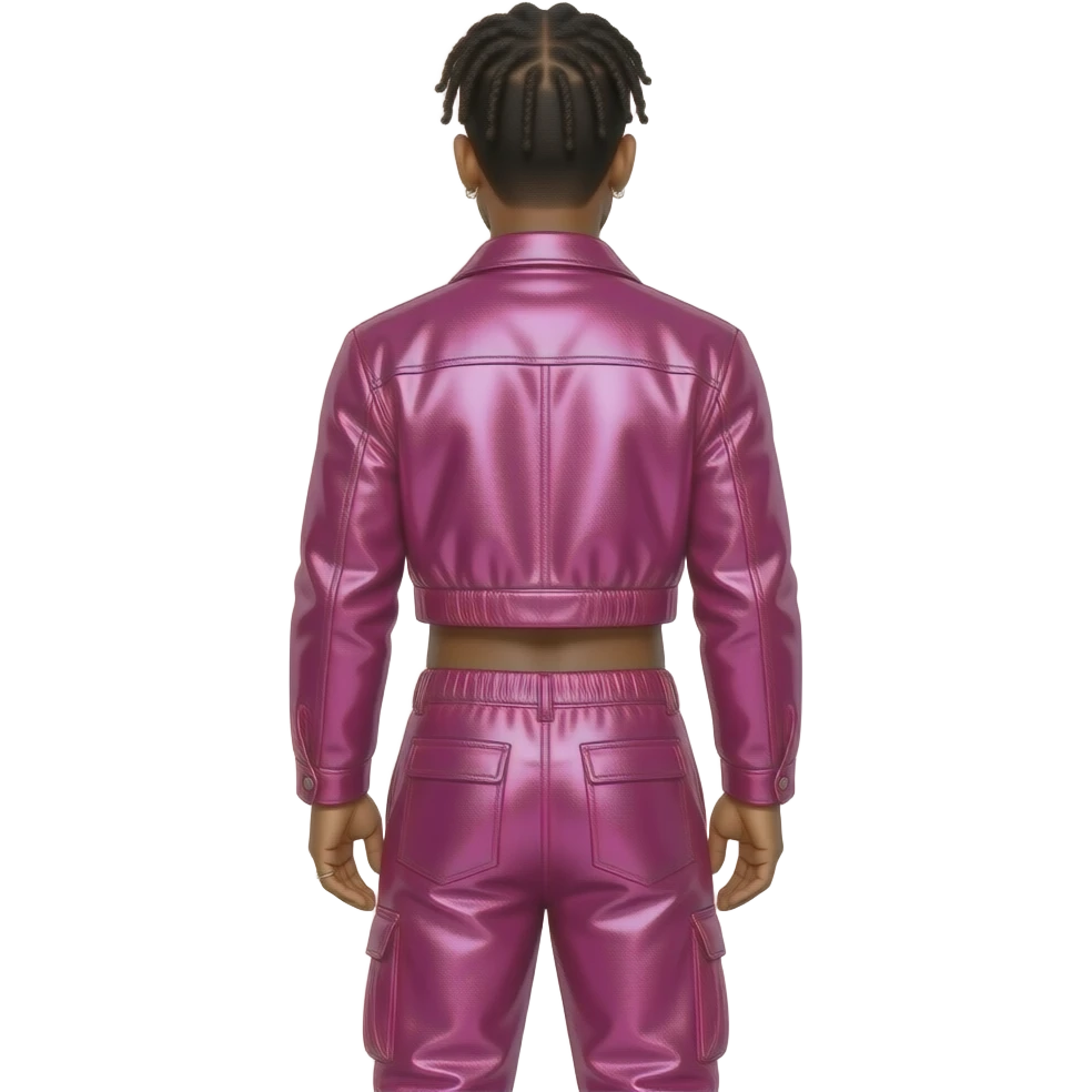Lil Nas X from behind with black hair, hot pink metallic jacket crop top, hot pink metallic baggy pants emoji