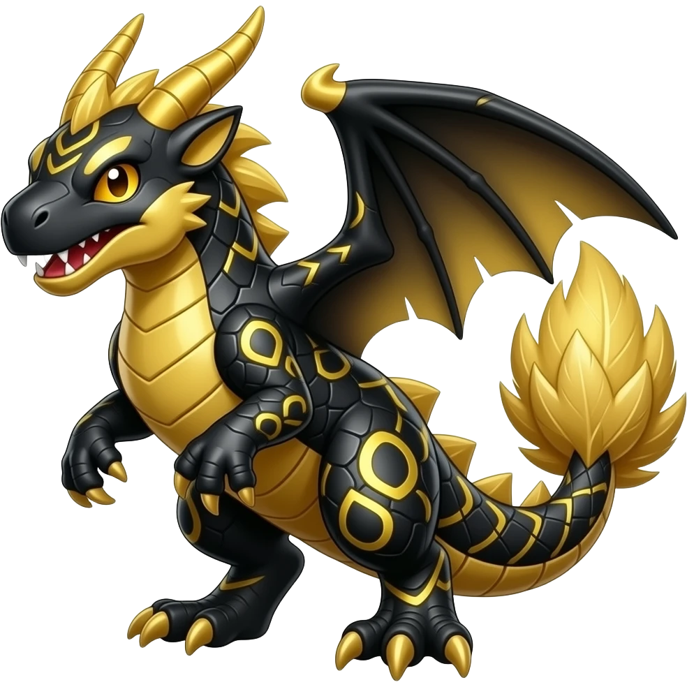 Shiny edgy cool badass gold Raptorik feathery spicy Furry scaly oily black with neon-markings Salandit-Salamence-Ekans-Seviper-Rapidash-Salazzle-Fakemon-hybrid emoji