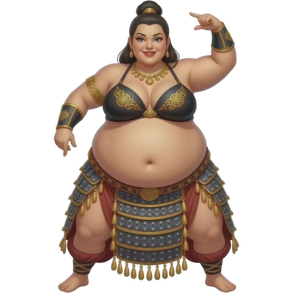 A female sumo warrior belly dancer,with a morbid obese midsection,her bellybutton peeps,her massive belly is bulging from being stuffed to the max after a luncheon buffet,She dances then her bouncy big tummy steals the spotlight. emoji