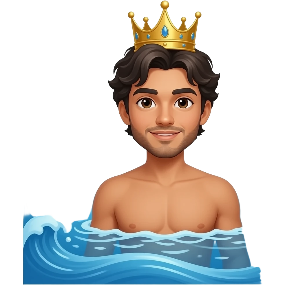 Vector color drawing of a young male mermaid, a dark-skinned, Hispanic-Asian man with a beardless dark-brunette, wearing a golden crown, in blue waves. Vignette decoration as a decorative painting. (Neon Punk) (Vibrant Colors) emoji