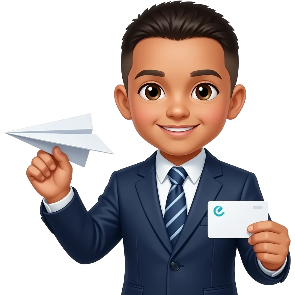 hispanic kid with a lined up  bowl cut wearing a suit holding an airplane and a business card emoji
