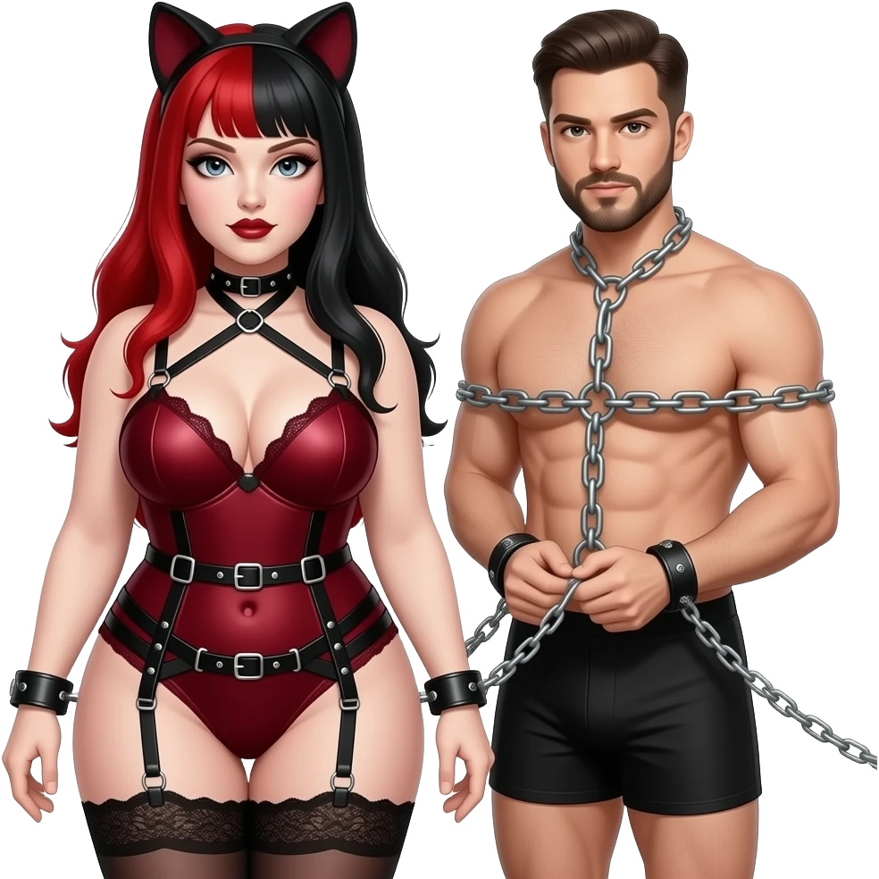 Dominatrix wearing a darkred bdsm style harness lingerie. White skin, chubby, dark Make the girl have long red and black hair and male partner in boxers getting chained up with goatee facial hair emoji