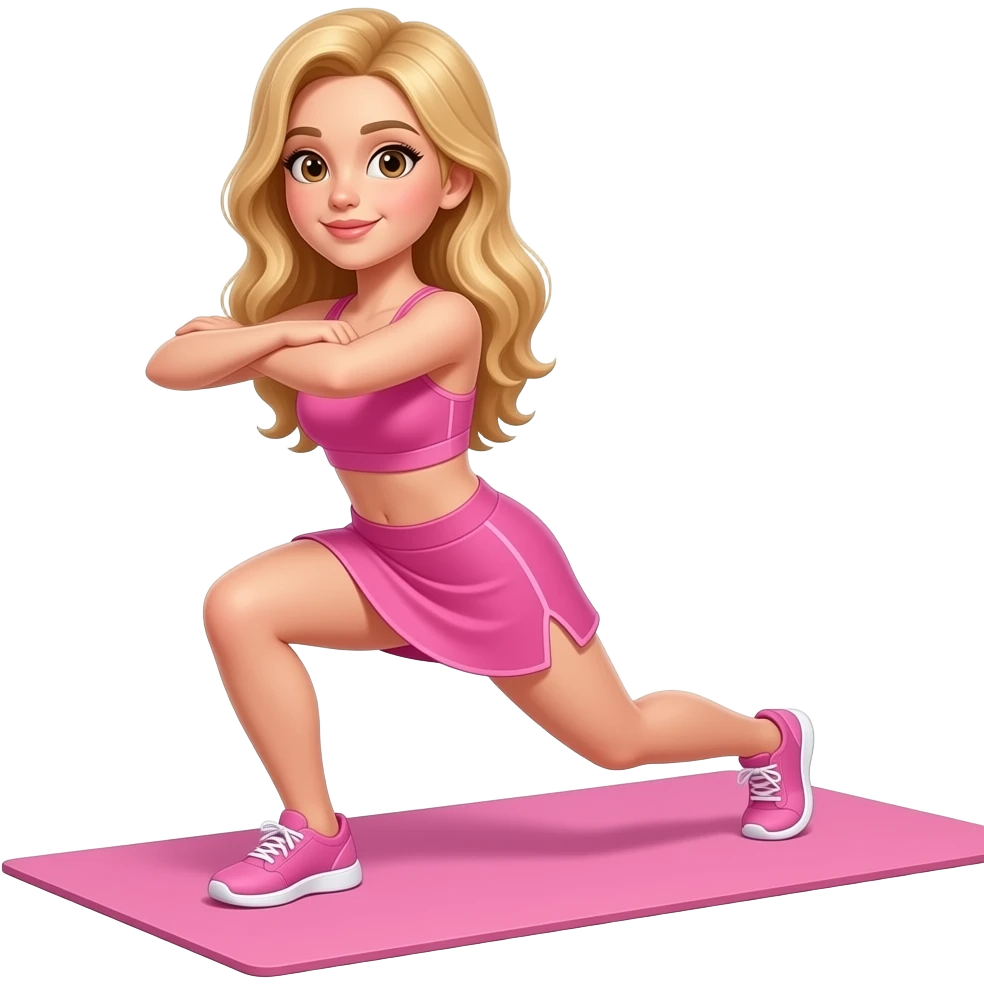 Menina de cabelo loiro longo e ondulado e olhos castanhos de roupa de academia rosa fazendo agachamento virada de lado com os braços juntos dobrados e em cima de uma tapetinho rosa de academia e usando uma mini saia rosa emoji