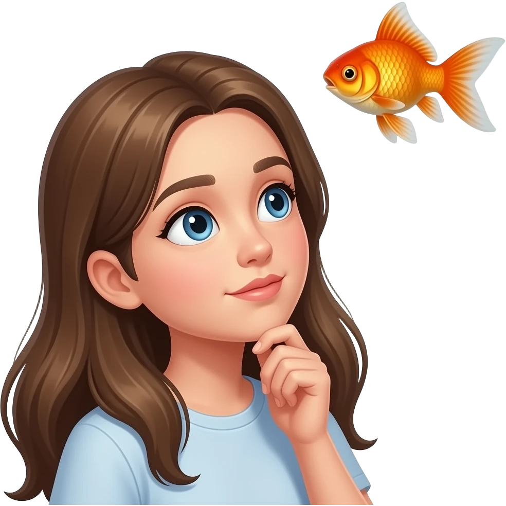 Long haired Girl thinking about goldfish emoji