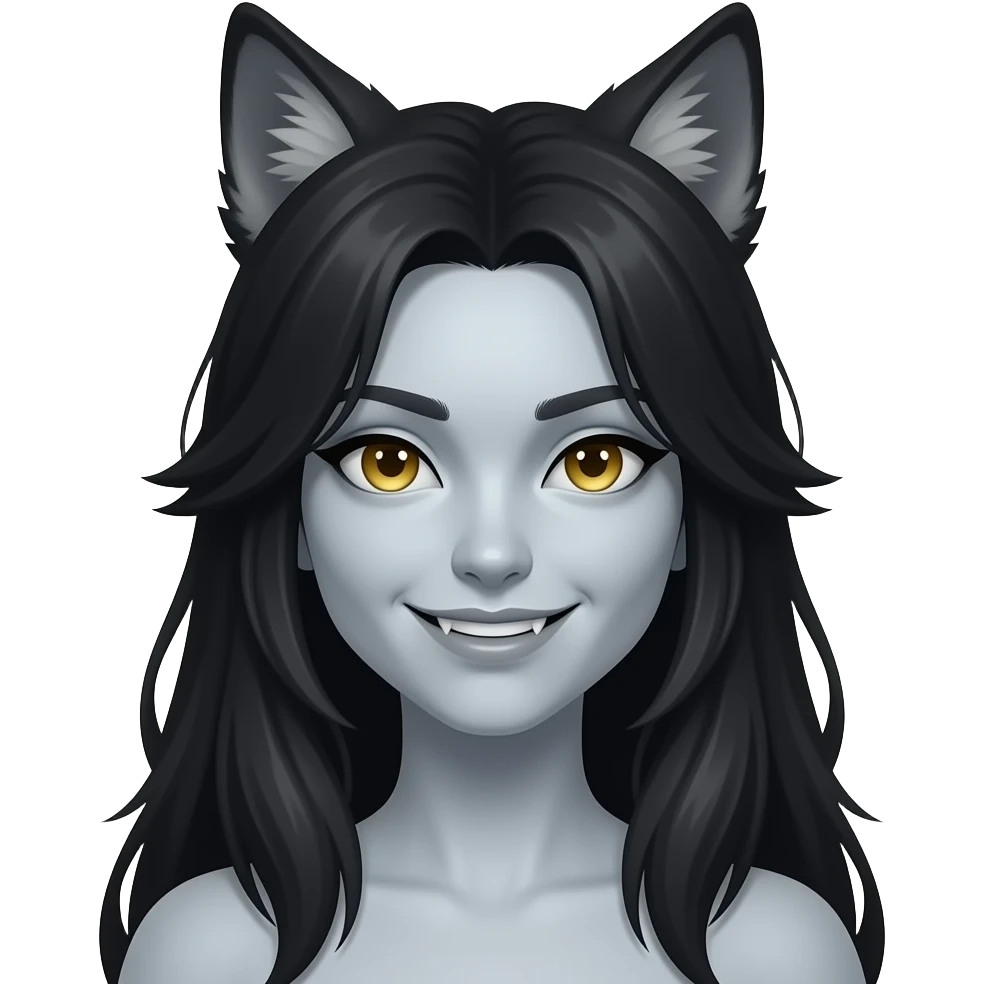 Female lycan portrait looking front, long black hair, wolf ears, subtle fang smile, sharp golden eyes, pale skin, dark fantasy card art style, centered emoji
