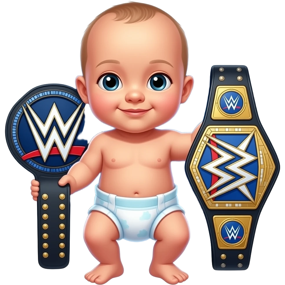 a cosmic, bald newborn in a diaper holding up a wrestling championship belt emoji