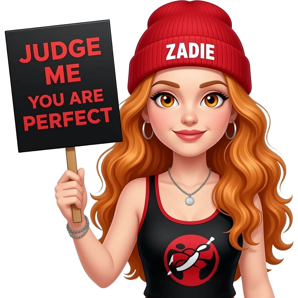sexy girl with overlong wavy ginger hair and ginger eyes wearing a black red tanktop and a red beanie with ZADIE written on it, is holding a black sign with JUDGE ME when YOU ARE PERFECT written on it emoji