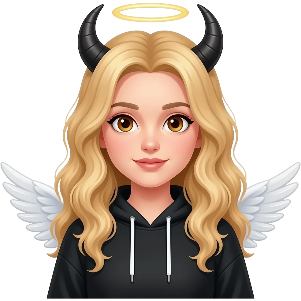 Devil horns long curly hair brown eyes black hoodie angel wings emoji blonde girl emoji