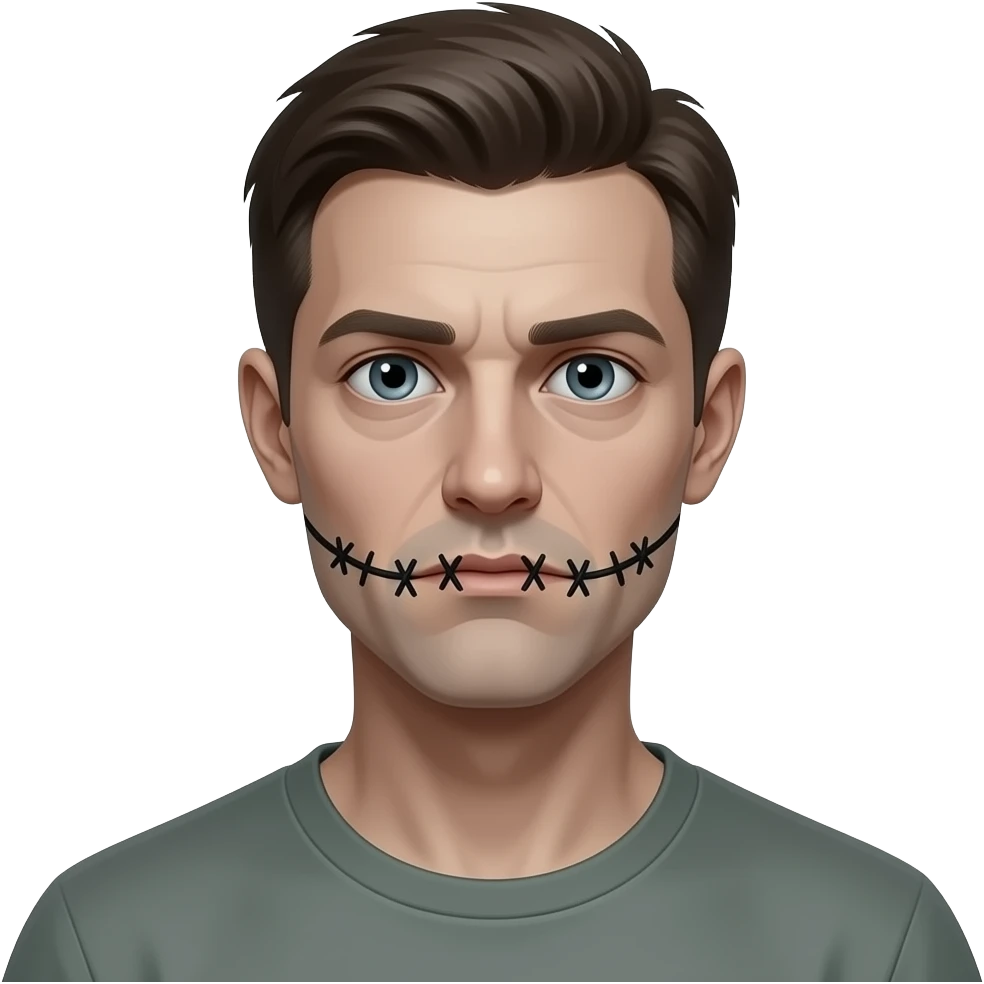 tall, pale man with massive eyes and a mouth sewn shut tightly with black thread. scary emoji