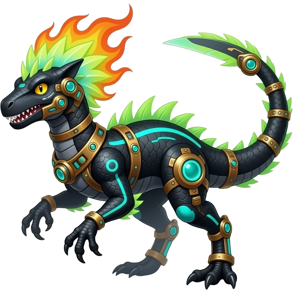 Cool edgy fiery elemental black-scaled with neon-cyan stripe markings digitigrade bipedal futuristic raptorik fantasy-Cyberpunk-Steampunk-Solarpunk-Genesect-Salamence-Cyclizar-Salazzle-Feraligatr-Fakémon-animal-hybrid, with neon feather-mane, and a tail blade, back spikes, full body emoji