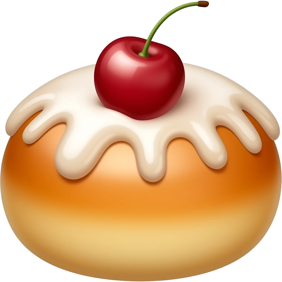 Round Sweet bun with a glaze on top and a cherry emoji