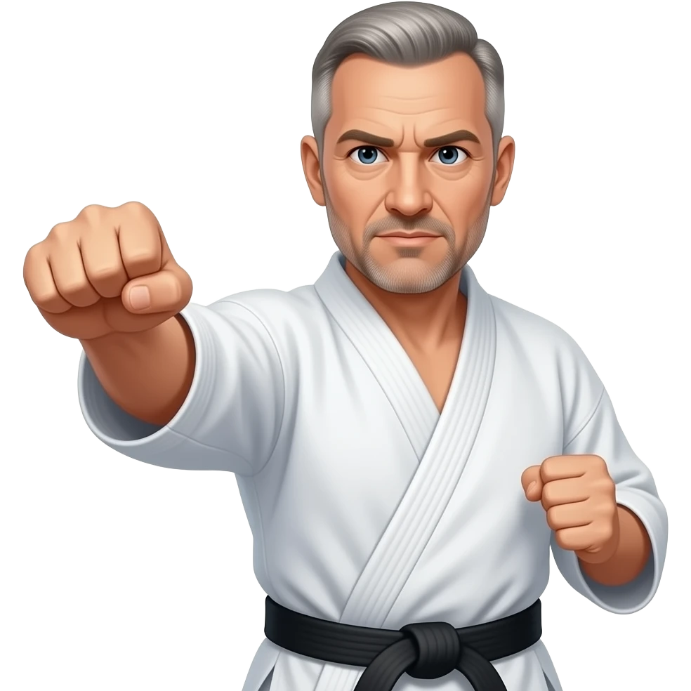 Middle-aged, white man wearing karate uniform , shaved short hair with a black belt doing a punch emoji