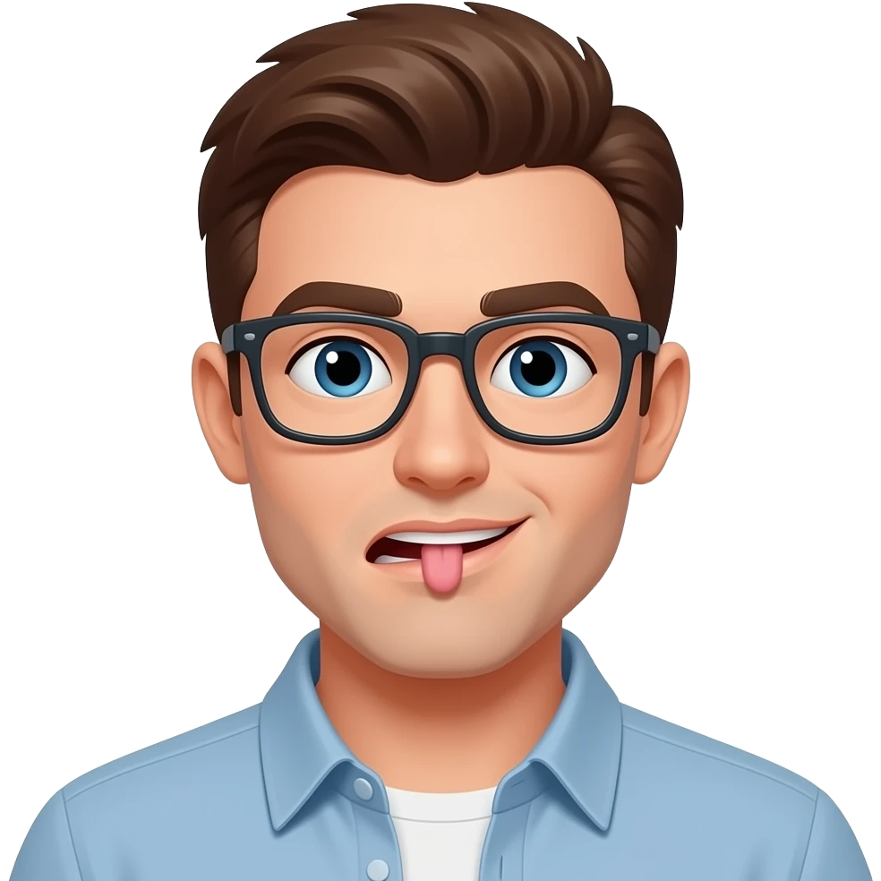 Brown hair guy with glasses with penis I’m mouth emoji