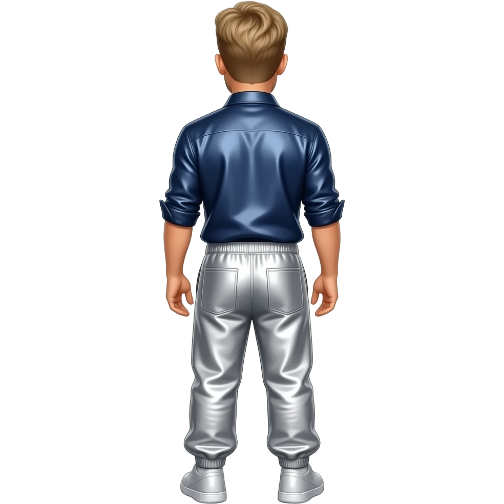 Justin Timberlake from behind with blonde hair, navy metallic shirt, silver metallic baggy joggers emoji