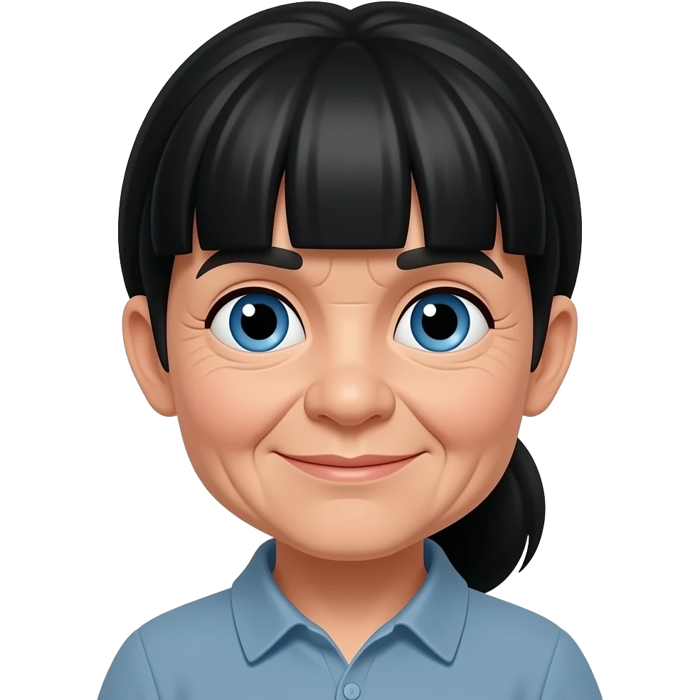 Blue eyes thick bangs ponytail black hair senior citizen 80yo emoji