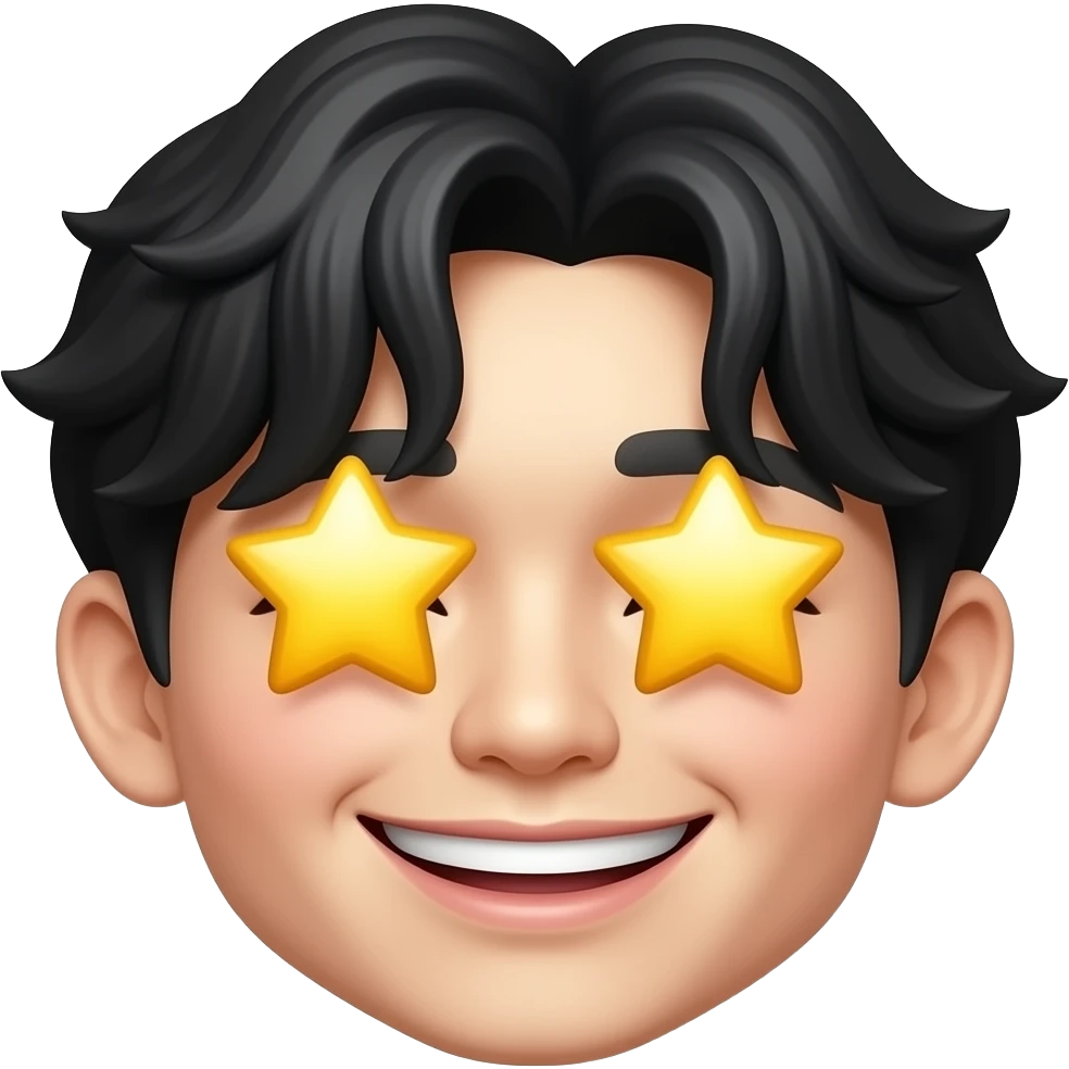 cheerful smile face emoji, extremely big yellow star eyes, Korean boy idol features, black fluffy wavy bangs, small mole under right eye, high nose, only face emoji