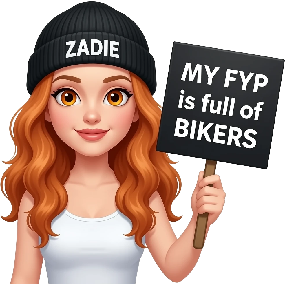 sexy girl with overlong wavy ginger hair and ginger eyes wearing a white tanktop and a black beanie with ZADIE written on it, is holding a black sign with MY FYP is full of BIKERS written on it emoji