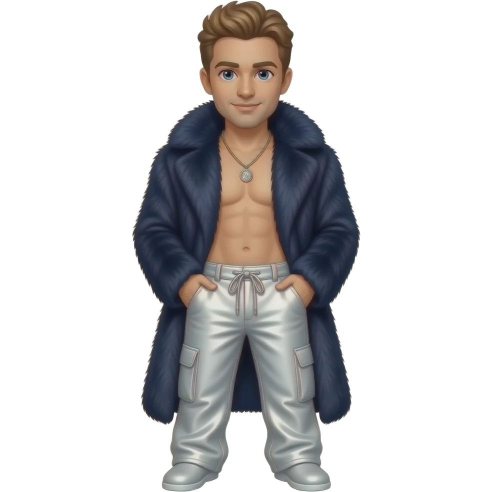 Joey McIntyre from NKOTB with blue eyes, light brown hair, dark blue fur coat, white metallic baggy pants, shirtless with necklace emoji