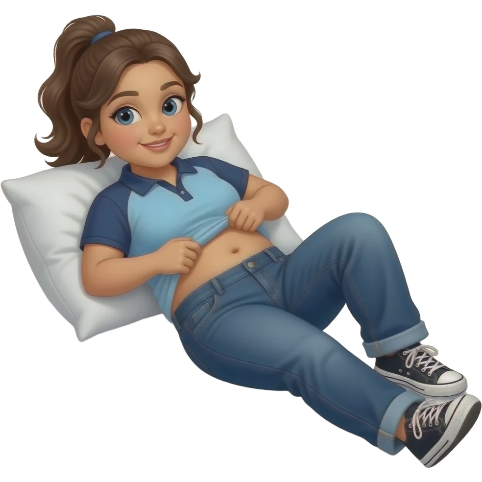 Chubby Hispanic girl with brown ponytail and blue eyes light blue and dark blue polo and dark blue baggy jeans and white and black sneakers and belly button laying down on her pillow on her bed lifting her shirt to show her belly emoji