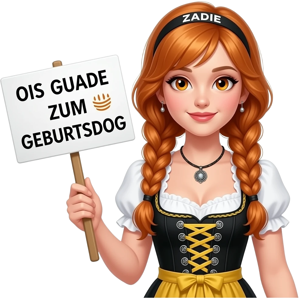 sexy girl with overlong ginger braids and ginger eyes wearing a black yellowdirndl and a headband with ZADIE written on it, is holding a sign with OIS GUADE ZUM GEBURTSDOG 🎂 written on it emoji
