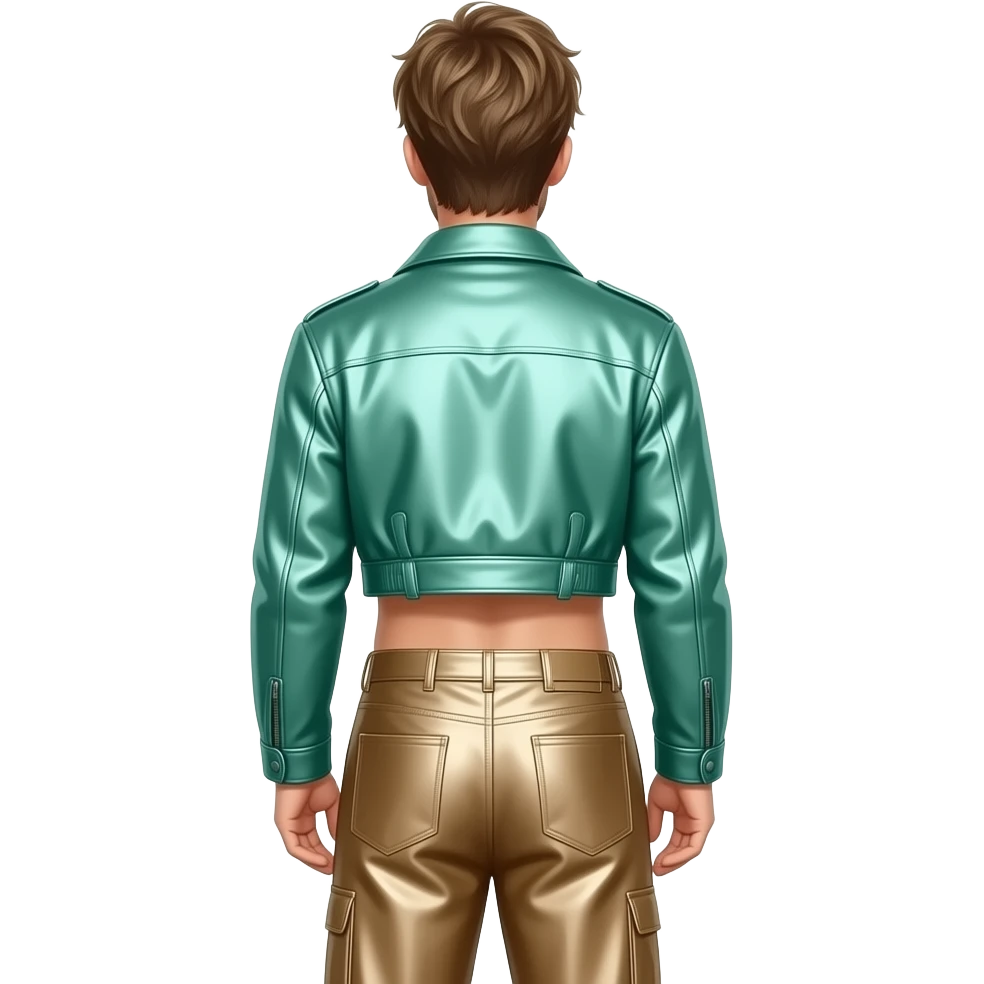 Brian Littrell from behind with light brown hair, mint green metallic jacket crop top, tan metallic baggy pants, shirtless emoji