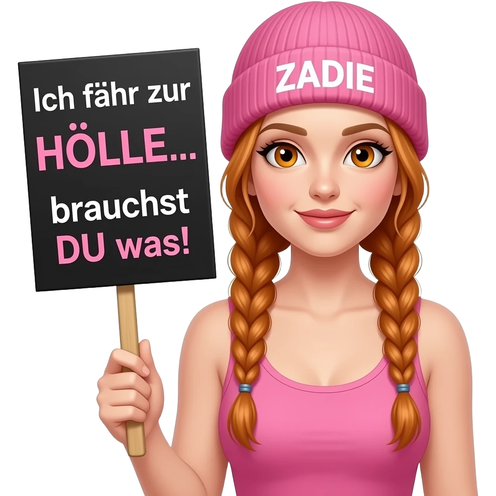 sexy girl with overlong ginger braids and ginger eyes wearing a pink tanktop and a pink beanie with ZADIE written on it, is holding a black sign with Ich fahr zur HÖLLE... brauchst DU was?! written on it emoji
