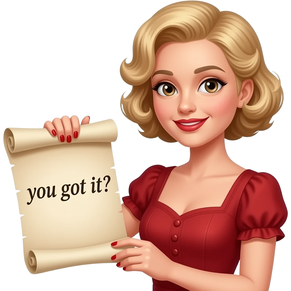 Short curly blond hair side swept Holding an open scroll saying you got it with red nail polish, brown lipstick and red vintage dress emoji