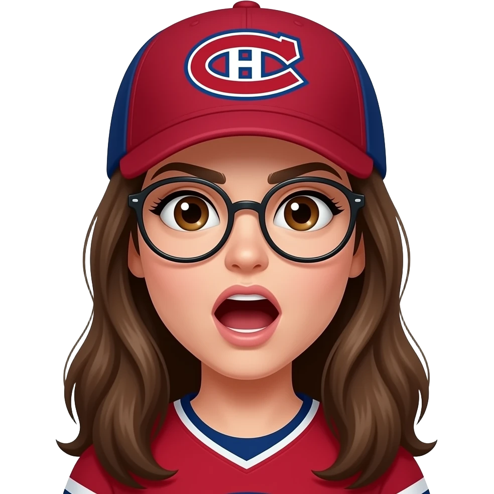 Yelling Brown eyed Woman with long brown hair, round glasses where Montreal Canadians cap emoji