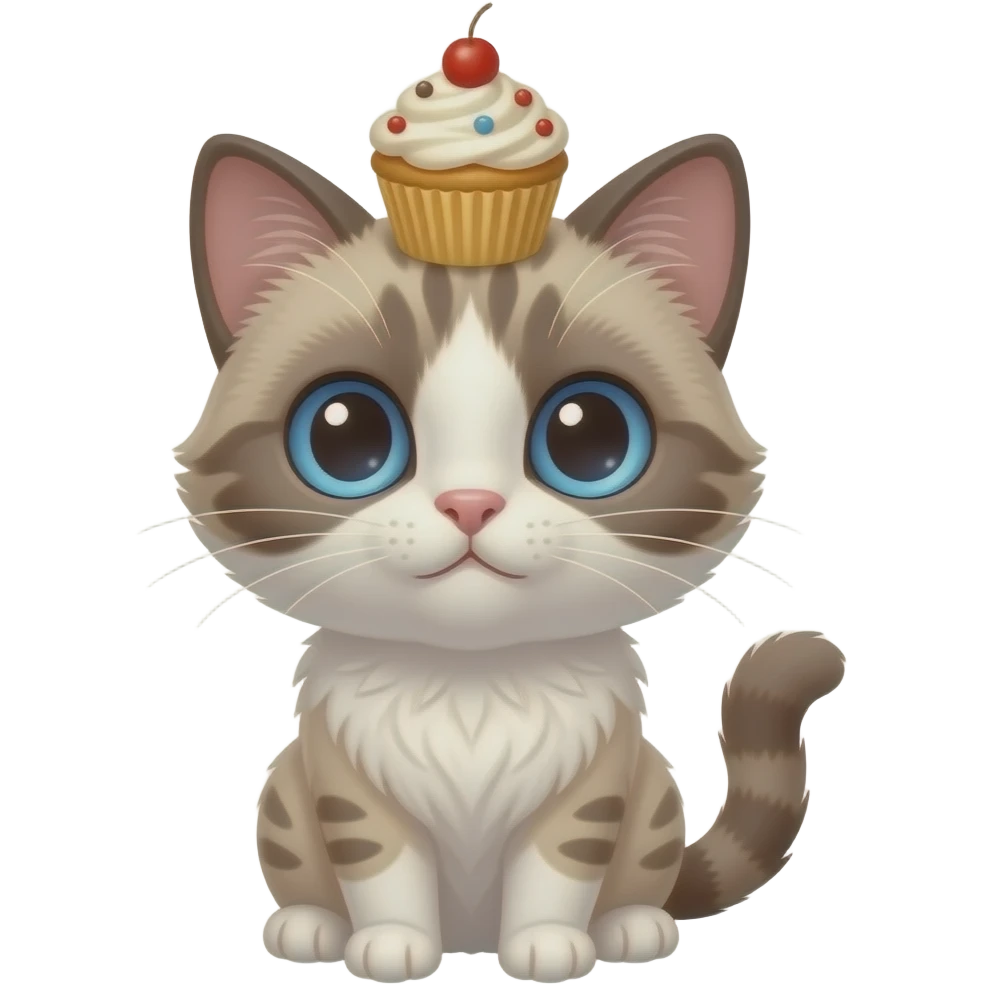 Süße katze mit blauen augen und cupcake auf dem kopf emoji