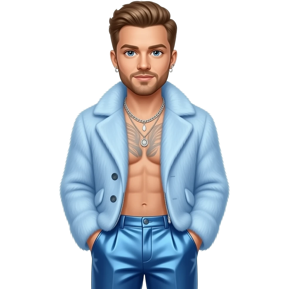 Justin Timberlake with blue eyes, golden brown hair, baby blue fur coat, periwinkle blue metallic baggy pants, shirtless with necklace and earrings emoji