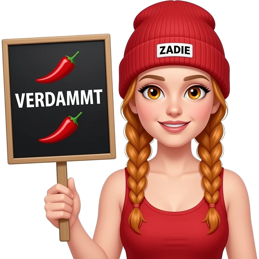 sexy girl with overlong ginger braids and ginger eyes wearing a red tanktop and a red beanie with ZADIE written on it, is holding a black sign with 🌶️VERDAMMT 🌶️written on it emoji