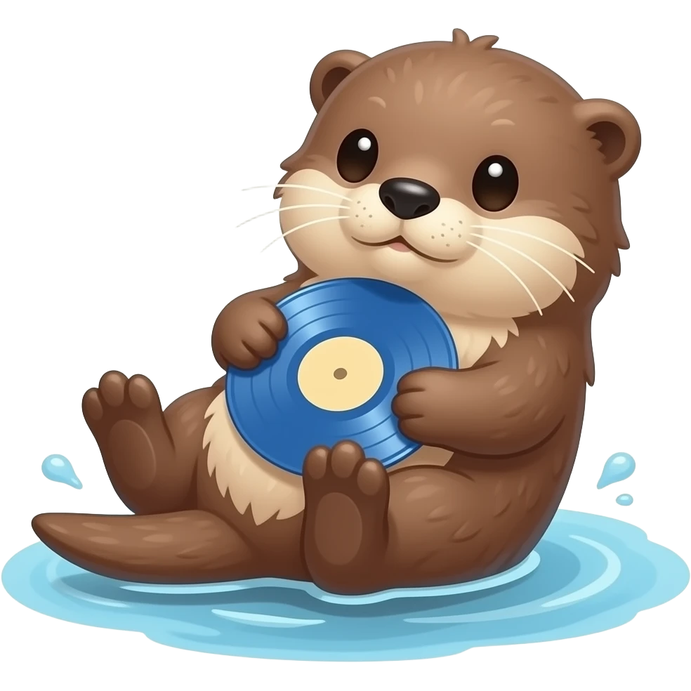 a cute fluffy otter floating in water on back holding a inside blue music vinyl emoji