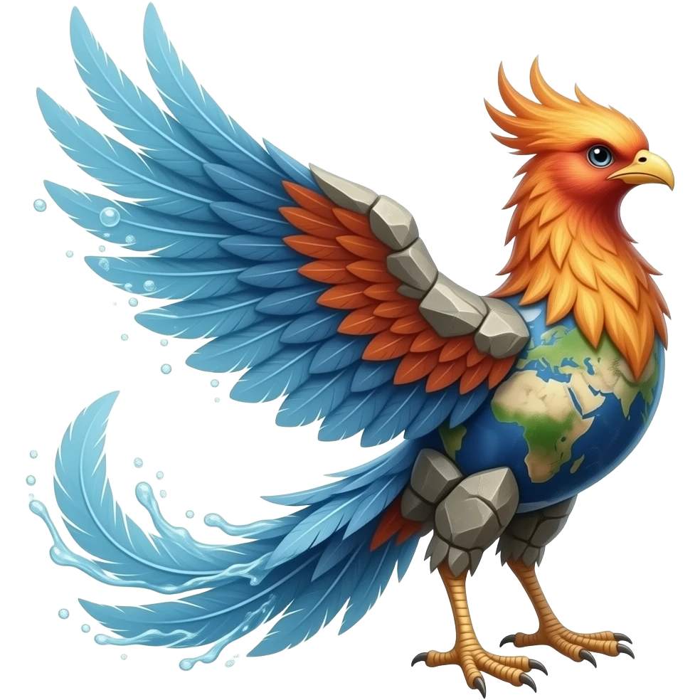A realistic phoenix with long tail feathers made of water on one side and Earth and Stone on the other side facing the camera. emoji