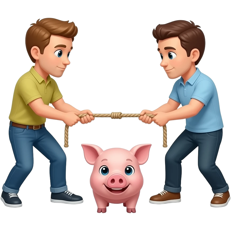 Two people using pig as rope tug of war between them emoji