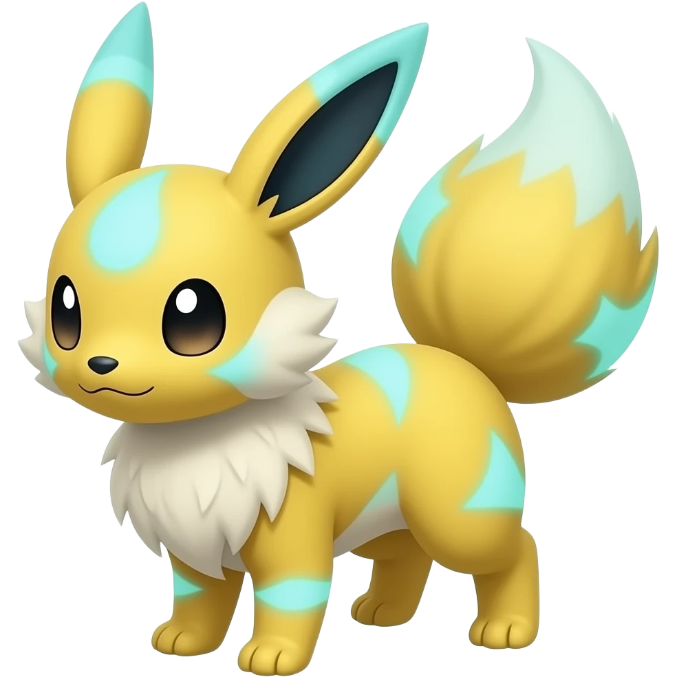 Yellow Jolteon-Zorua-Furret-Vaporeon-Fakémon-hybrid with glowing neon cyan markings emoji