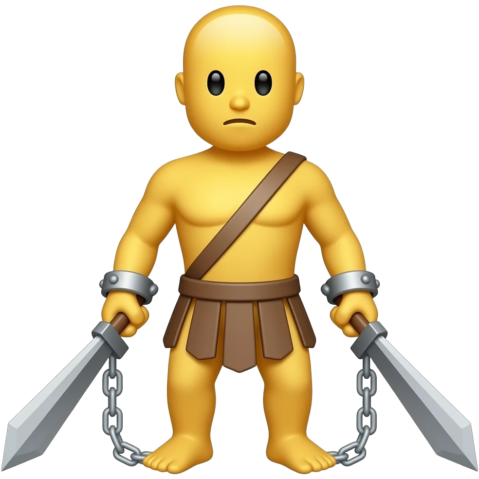 spartacus, minimal, full body, yellow skin, tipical emoji caracter style, more emojis style, more minimal, with weapons, more simplistic, emoji style, shackles on wrist with broken chains emoji