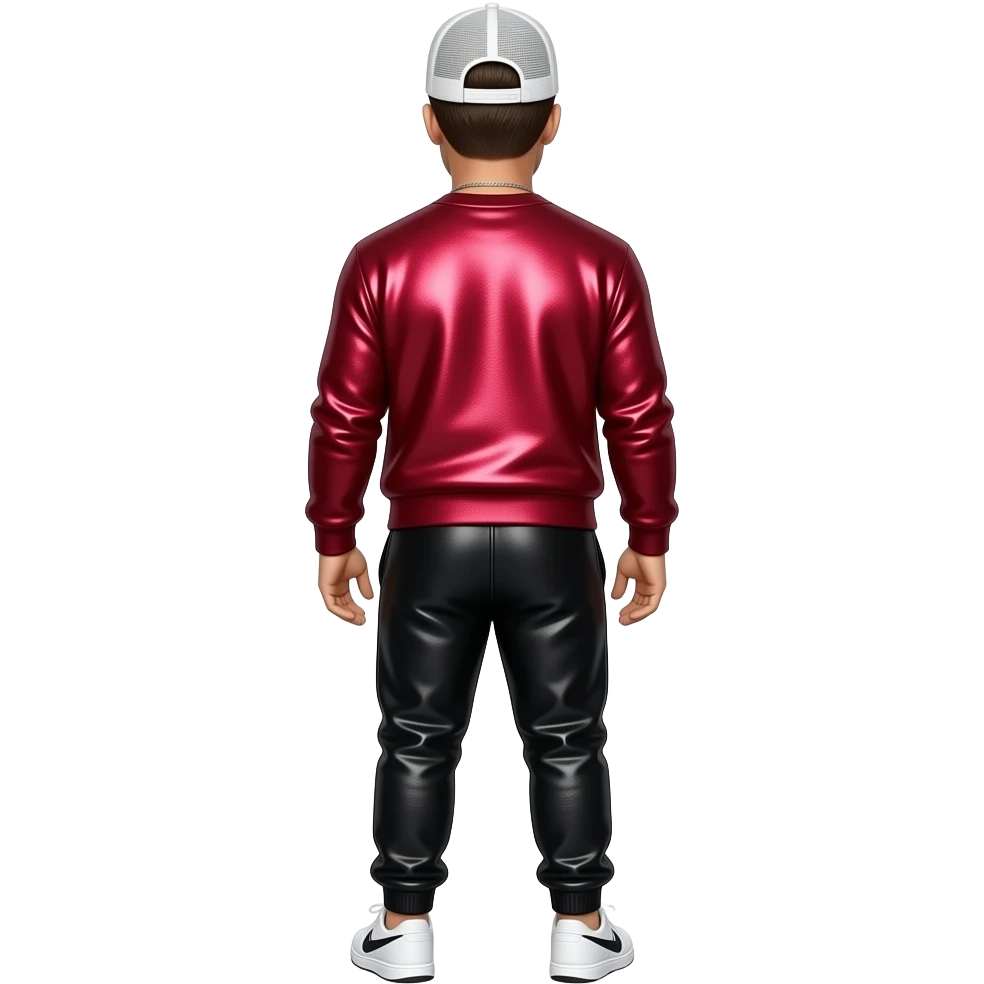 Donnie Wahlberg from behind with white cap, ruby red metallic sweatshirt, black metallic saggy joggers, necklace emoji