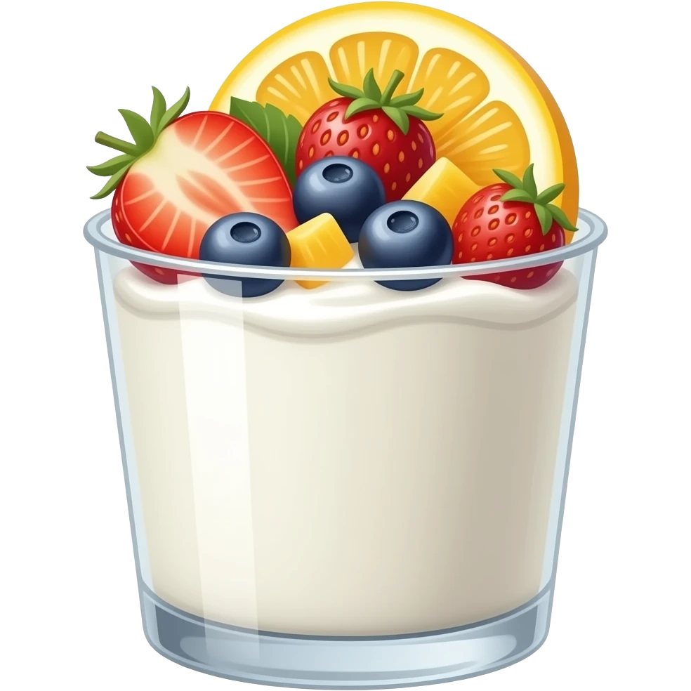 a cup of yogurt with no face and fruits on top, no eyes just a cup emoji