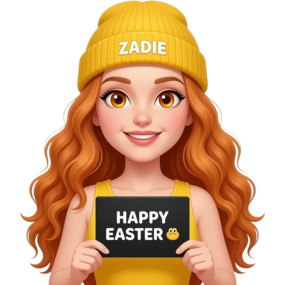 sexy girl with overlong wavy ginger hair and ginger eyes wearing a yellow tanktop and a yellow beanie with ZADIE written on it, is holding a black sign with just HAPPY EASTER 🐰 on it emoji