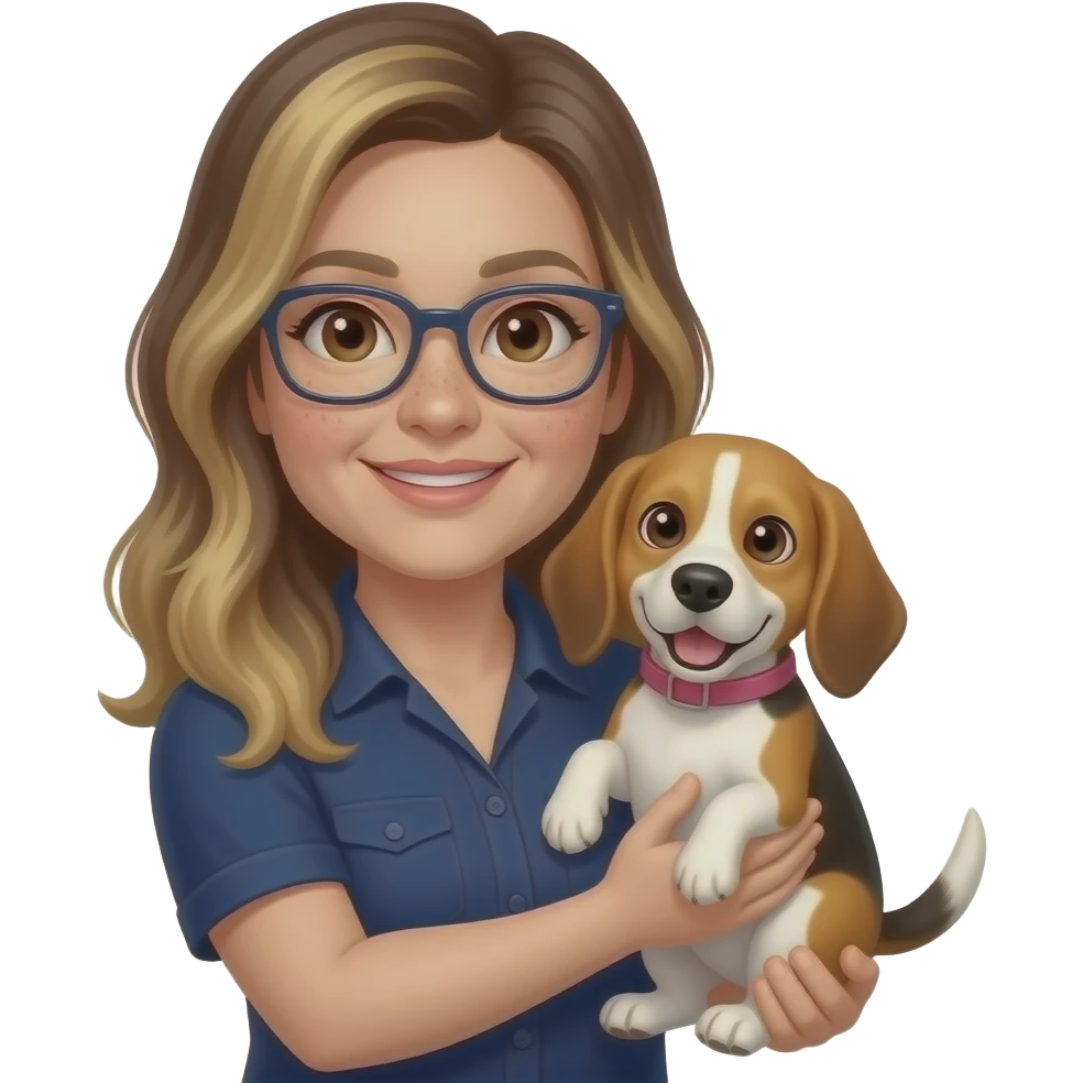 50-year-old woman with very dark brown eyes,  long brown balayage hair, parted on the left side, with pale skin and freckles, with dark navy rectangular glasses, holding a beagle that looks happy. She is wearing a navy shirt. The beagle has a pink collar. emoji