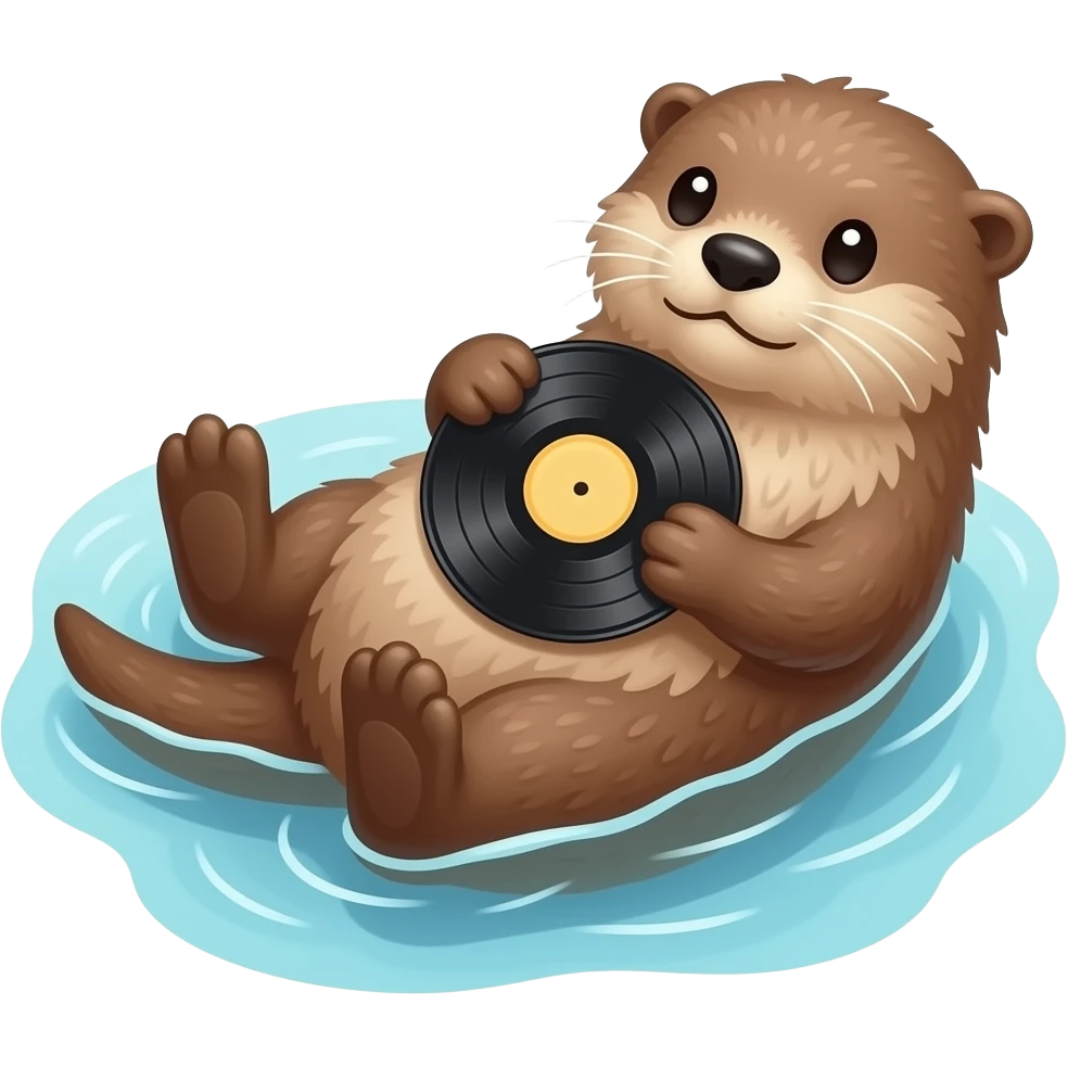 a cute fluffy otter floating in water on back holding a music vinyl emoji