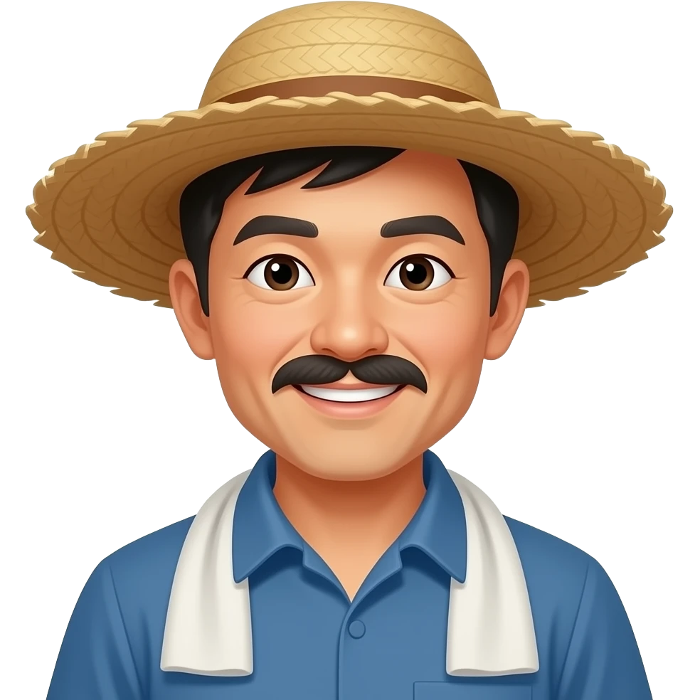 Chinese guy with smal eyes and mustagge with strawhat and rabbit teeth and farmer dress emoji