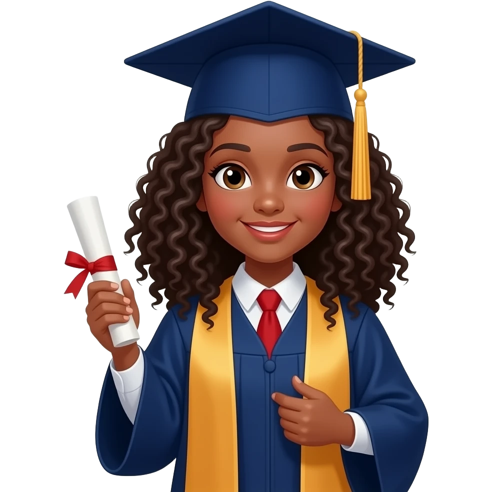 Graduating black girl with curly hair, neutral pose emoji
