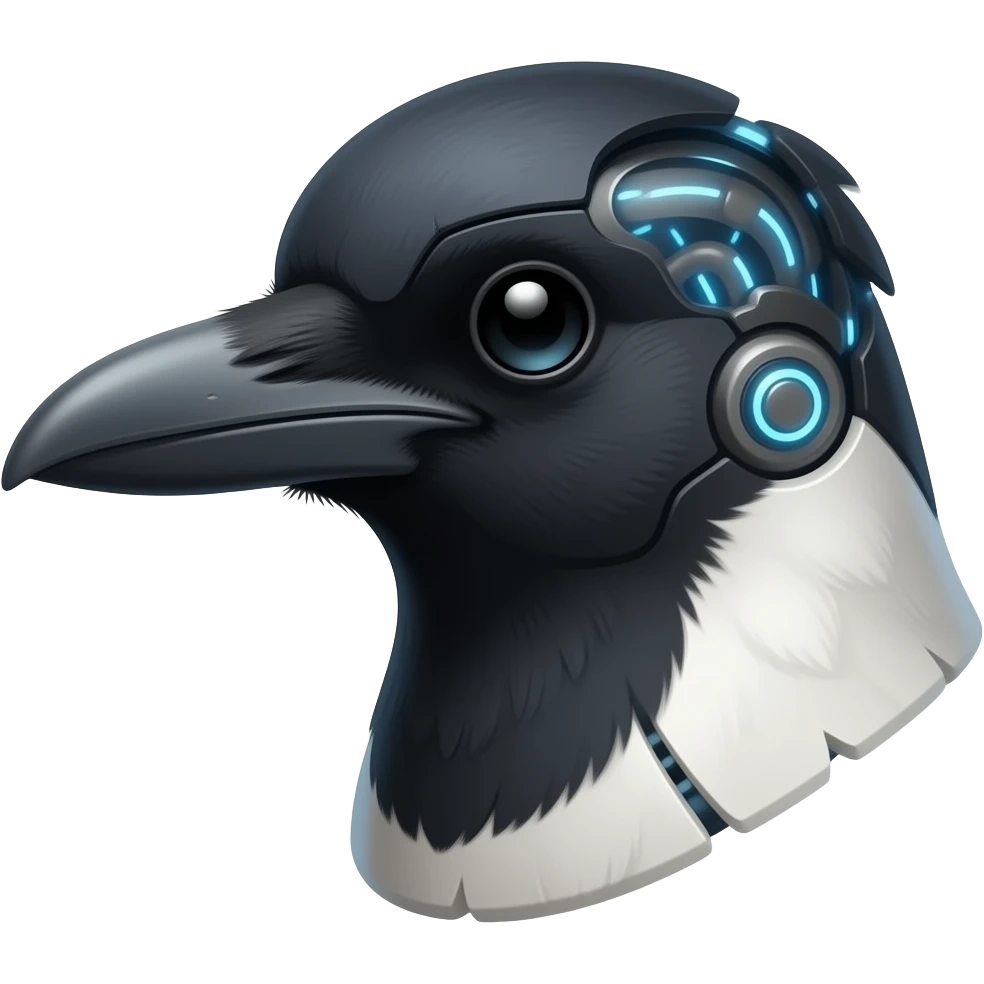 A robotic cyborg magpie head emoji