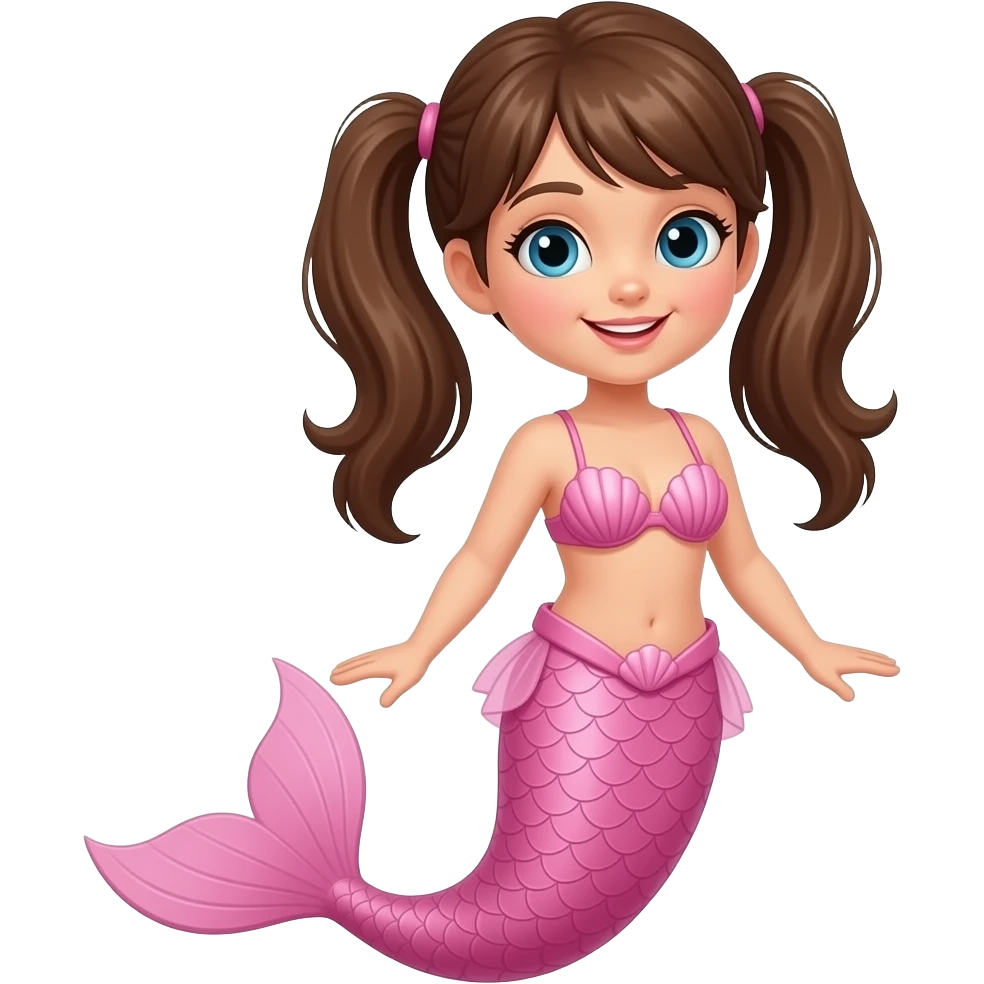 A girl mermaid with a Brown pigtails on the head a pink Seashell bikini and a pink mermaid tail emoji