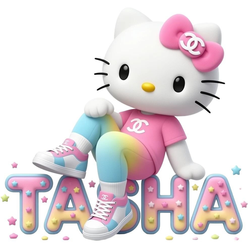 4D Velvety fur hello kitty wearing ombre white and blue and pink yellow ombre pastel colored leggings and sneakers, and with the Chanel symbol on her ombre pastel bow sitting sideways leaning back on top of the velvety 3D outlined letters TASHA surrounded with tiny ombre pastel stars made of candy emoji